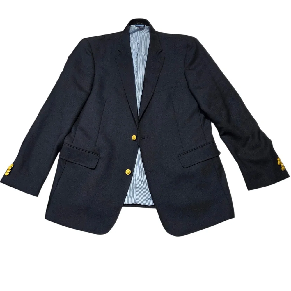 Tommy Hilfiger‎ Mens Navy Blue Worsted Wool Two Button Blazer 44L Sport Coat